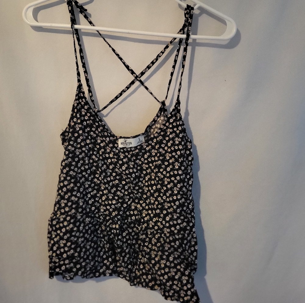 Hollister black with flowers summer tank tops with criss cross backstraps size s